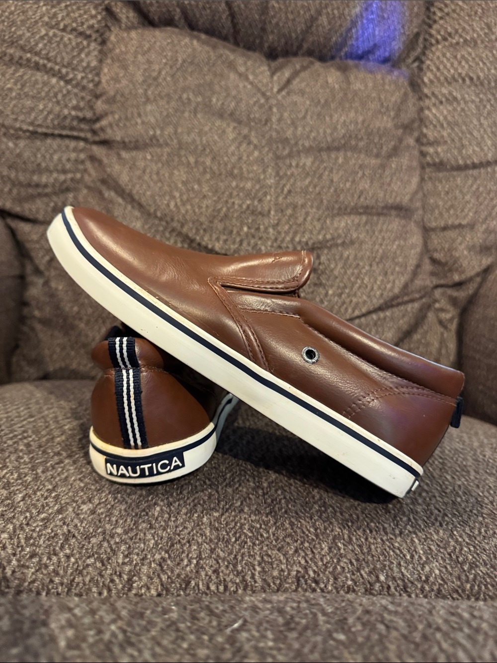 Nautica Boys Brown Slip-On Leather Sneakers with White Sole and Navy Trim